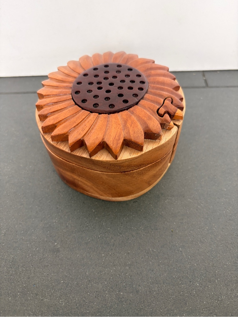 Sunflower Carved Wooden Trinket Puzzle Box - Brown